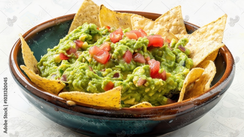 Fresh Guacamole with Tortilla Chips in Bowl Fresh Guacamole with Tortilla Chips in Bowl
