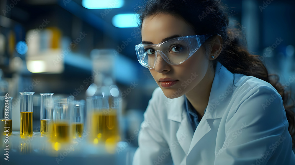 A scientist in a lab examines yellow liquids in test tubes.