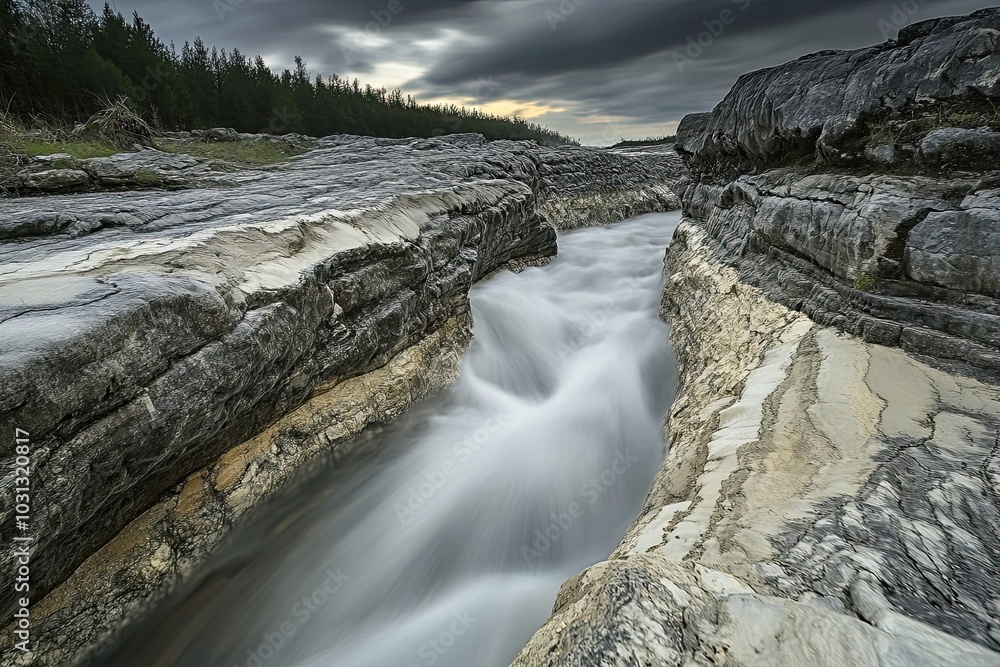 Smooth Stream Flowing Through a Rocky Gorge