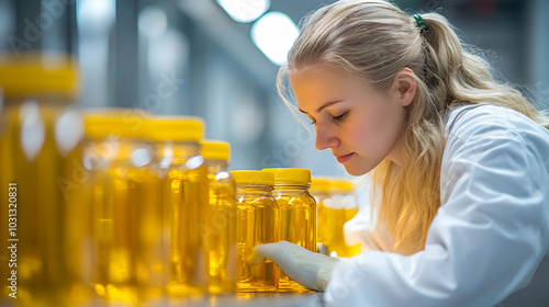 Scientist examining jars of...