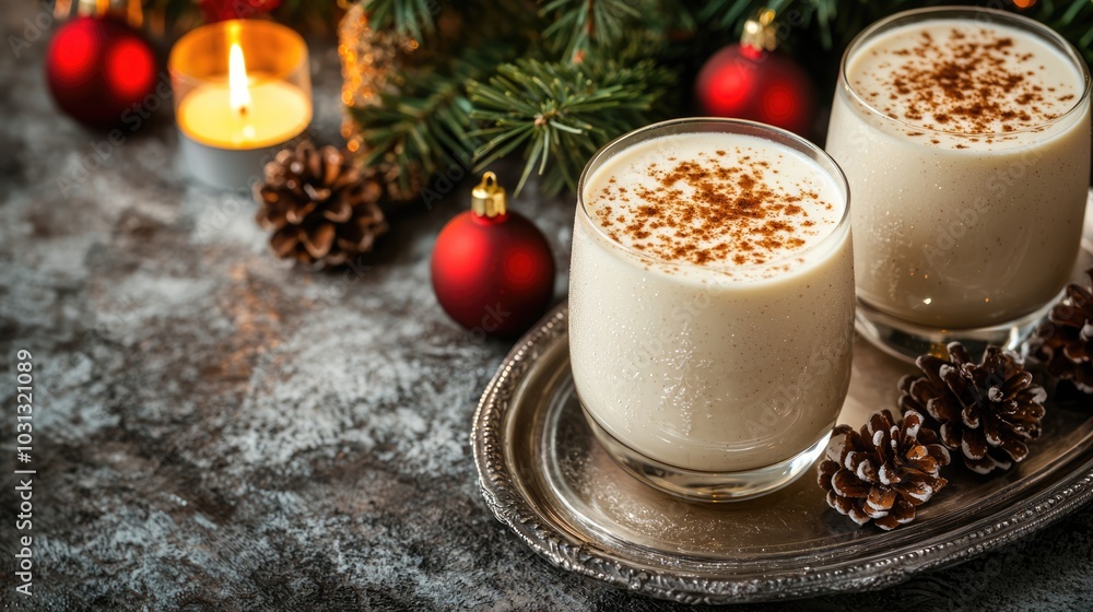 Two festive glasses of creamy eggnog are served on a silver tray, surrounded by pinecones and Christmas ornaments, evoking a cozy holiday atmosphere. Two festive glasses of creamy eggnog are served on a silver tray, surrounded by pinecones and Christmas ornaments, evoking a cozy holiday atmosphere.