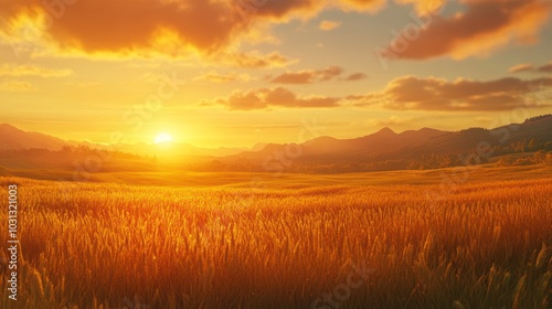 A beautiful sunset over a field of golden wheat, with mountains in the distance.