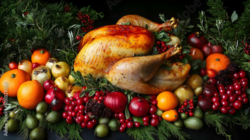 A festive display of a roasted turkey surrounded by seasonal fruits.