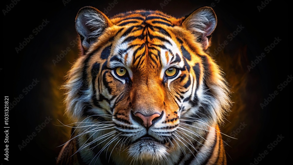 Fototapeta premium A Majestic Tiger's Intense Gaze Captivates with Striking Contrast of Orange and Black Stripes Against a Dark Background