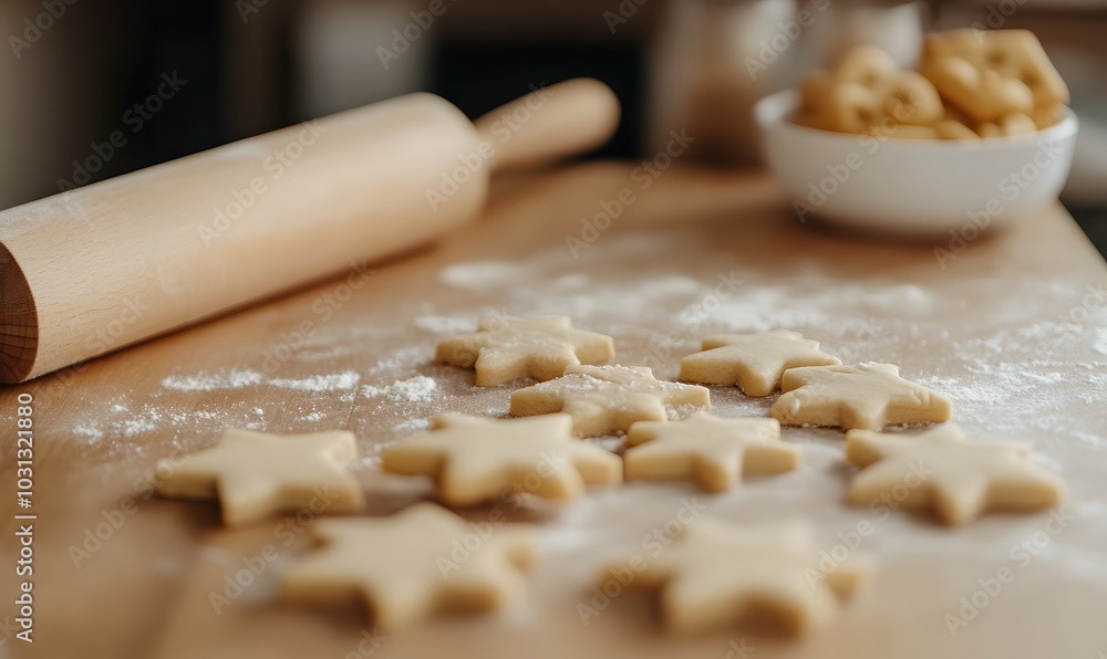 Preparing Christmas cookies with cookies cutter dough and rolling pin on the kitchen table, Generative AI Preparing Christmas cookies with cookies cutter dough and rolling pin on the kitchen table, Generative AI