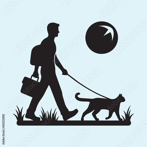 Man walking with cat vector silhouette vector black and white