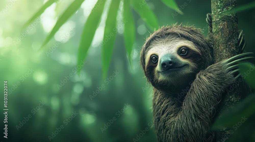 Naklejka premium Sloths hanging lazily from tree branches, slow movement captured in a peaceful environment, Sloth, Relaxation and tranquility