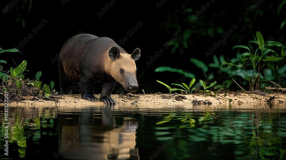 Tapir walking along a riverbank, surrounded by tropical plants, Tapir, Endangered species in the rainforest Tapir walking along a riverbank, surrounded by tropical plants, Tapir, Endangered species in the rainforest
