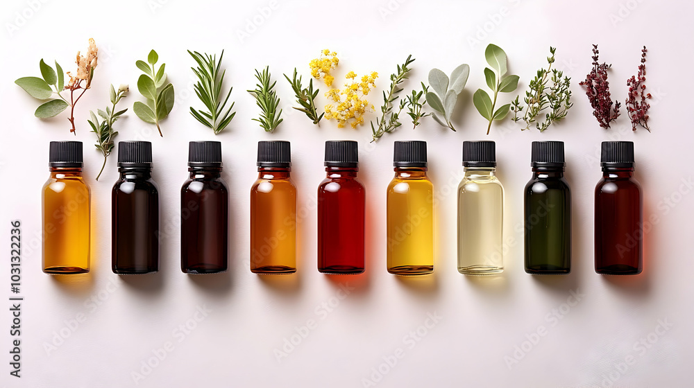 Assorted essential oils and herbs arranged aesthetically. Assorted essential oils and herbs arranged aesthetically.