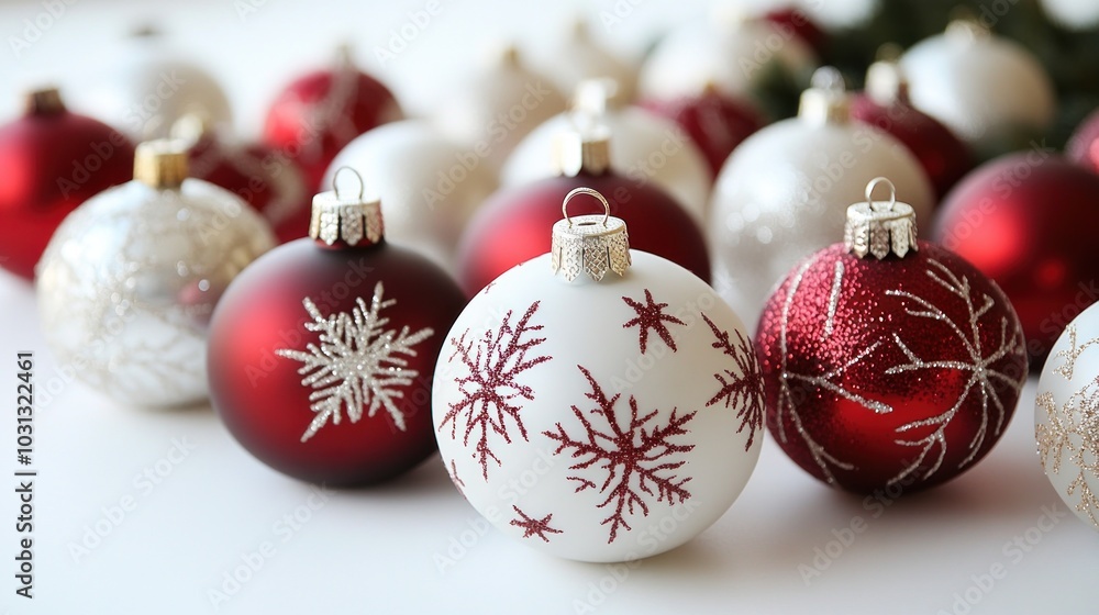 A festive arrangement of red and white Christmas ornaments. A festive arrangement of red and white Christmas ornaments.