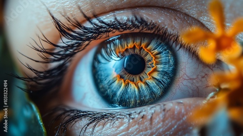 Close-up of a blue eye with a flower reflected in the pupil.