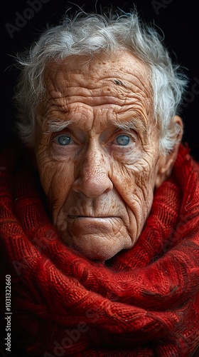 Close-up Portrait of an Elderly Man with a Red Scarf