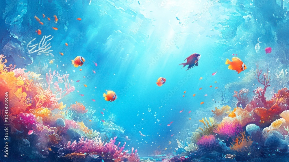 Fototapeta premium Colorful Underwater Scene with Marine Life and Coral