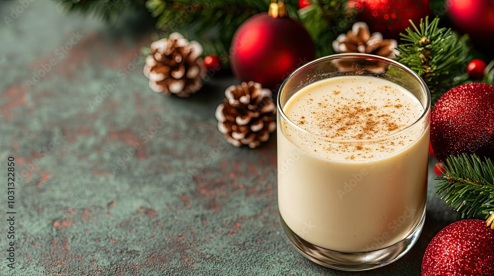 A festive glass of creamy eggnog surrounded by red ornaments and pinecones, perfect for holiday celebrations. A festive glass of creamy eggnog surrounded by red ornaments and pinecones, perfect for holiday celebrations.