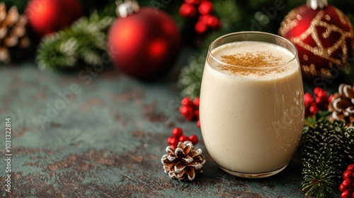 A festive glass of creamy eggnog surrounded by Christmas decorations, including ornaments and pinecones, perfect for holiday celebrations.