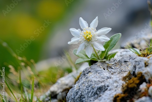 White Flower Blooming on a Rocky Mountainside