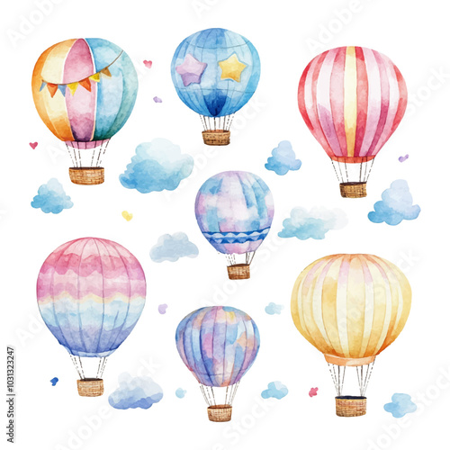 Set of hot air balloons on white background.