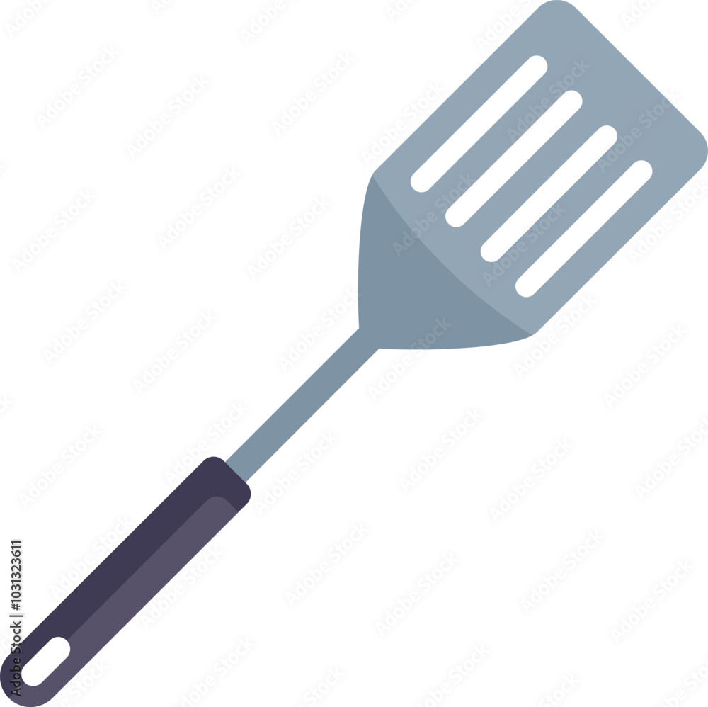 This metal spatula with a black plastic handle is perfect for cooking and serving a variety of dishes This metal spatula with a black plastic handle is perfect for cooking and serving a variety of dishes