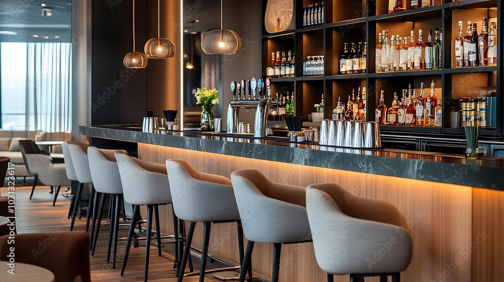 Obraz premium Modern Bar Interior with Marble Counter and White Stools