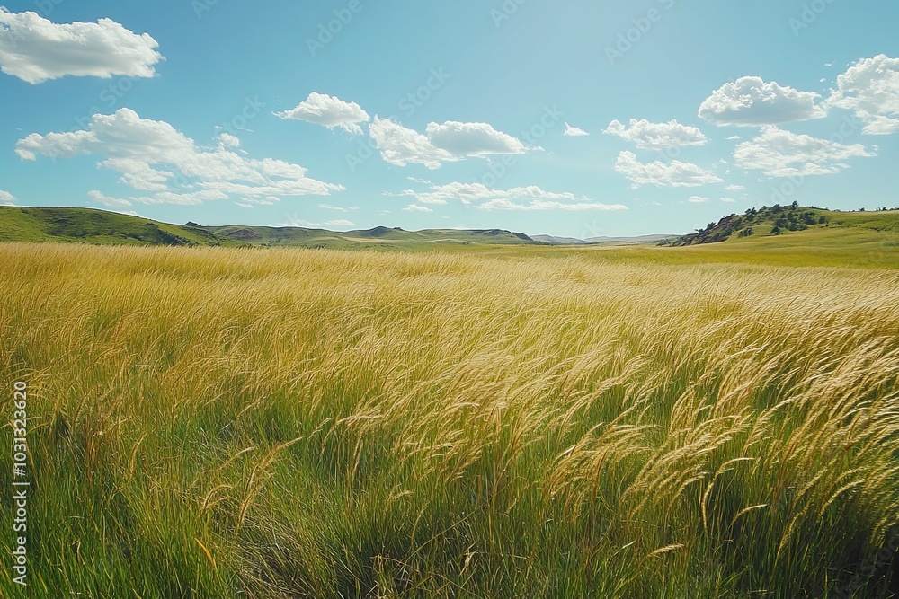 A field of tall grass blowing in the wind against a backdrop of rolling hills and a clear blue sky A field of tall grass blowing in the wind against a backdrop of rolling hills and a clear blue sky