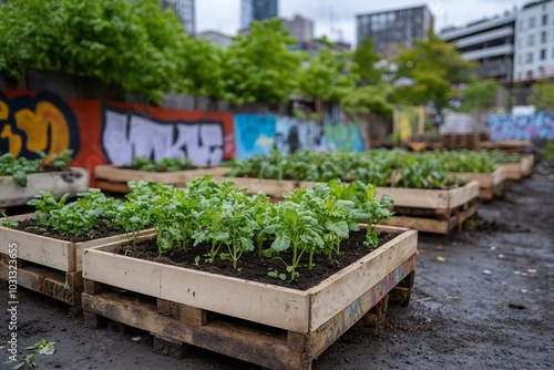 Wallpaper Mural Urban garden beds filled with leafy greens in a vibrant city setting. Torontodigital.ca