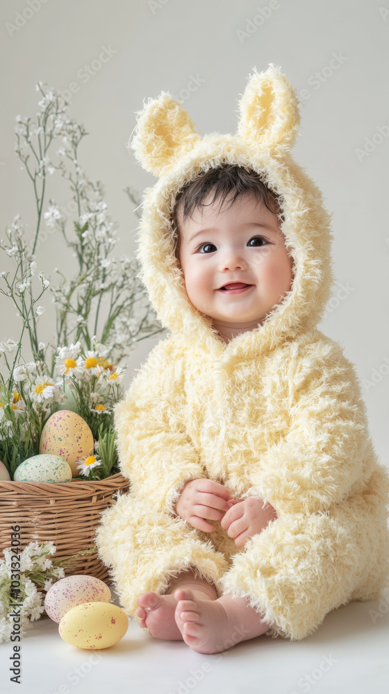 Adorable baby in fuzzy bunny outfit with easter eggs and flowers in studio setting Adorable baby in fuzzy bunny outfit with easter eggs and flowers in studio setting