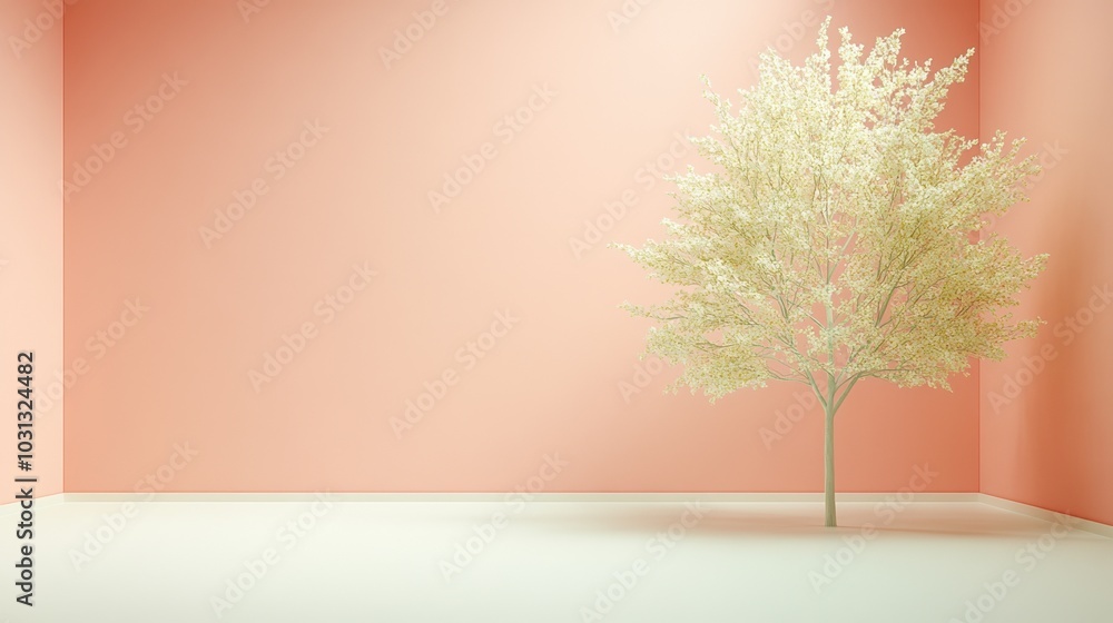 Obraz premium A solitary tree in a minimalistic pink room, creating a serene atmosphere.