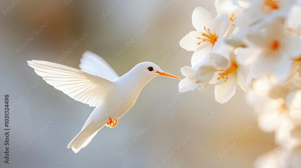 Fototapeta premium A white hummingbird feeding on delicate blossoms, soft focus background.