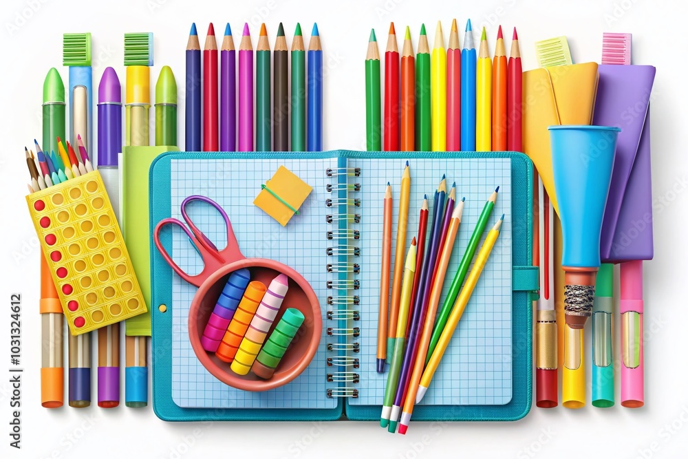 Obraz premium Colorful School Supplies Vector Illustration for Students - Notebooks, Pens, and Educational Accessories for Learning