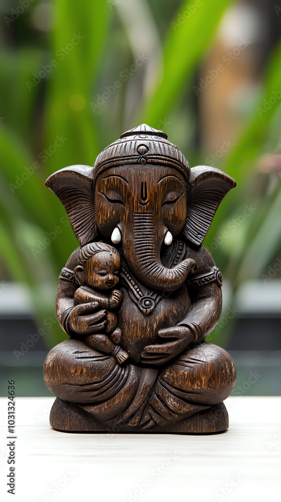 Wooden Ganesha statue with child figurine Wooden Ganesha statue with child figurine