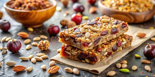 A stack of wholesome grain bars with a medley of dried fruit and nuts, set against a backdrop of scattered almonds and red cherries.