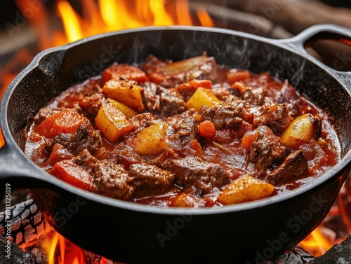 traditional rustic goulash simmering in a cast iron pot over an open flame campfire, filled with hearty ingredients and rich colors, evoking the warmth and comfort of outdoor cooking