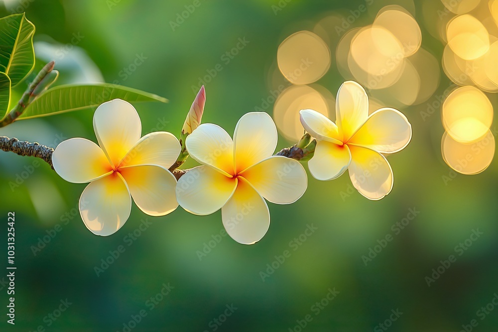 Three White and Yellow Plumeria Flowers on a Branch Three White and Yellow Plumeria Flowers on a Branch