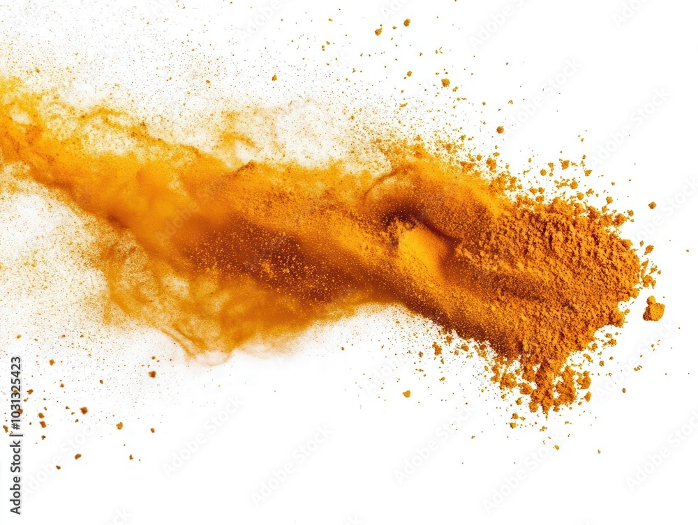 turmeric powder in a dynamic scattering flight against a stark white background, highlighting its vibrant yellow color and natural origin, emphasizing culinary and health benefits turmeric powder in a dynamic scattering flight against a stark white background, highlighting its vibrant yellow color and natural origin, emphasizing culinary and health benefits