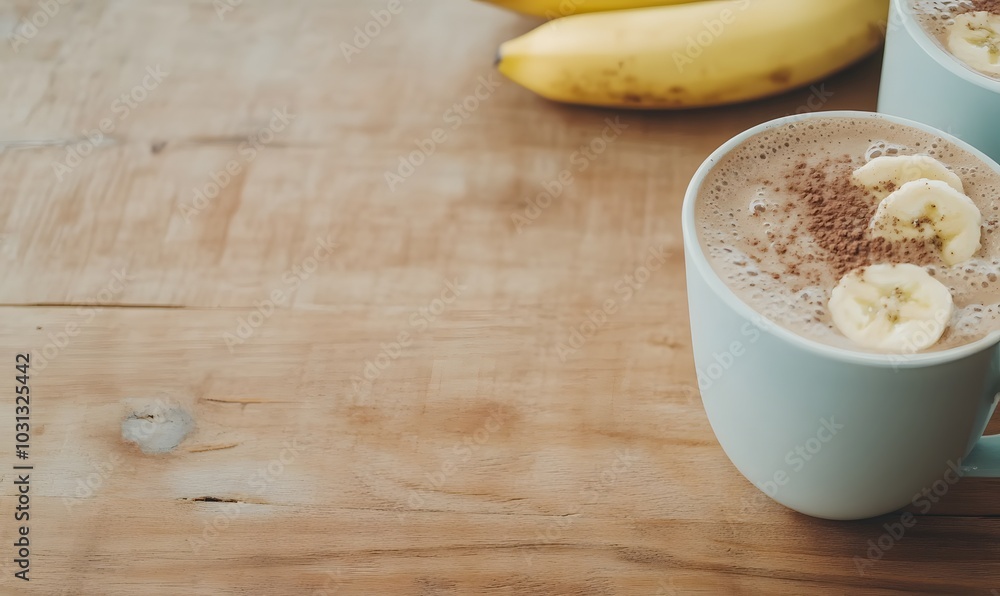 wooden table featuring a freshly made chocolate banana smoothie , Generative AI wooden table featuring a freshly made chocolate banana smoothie , Generative AI