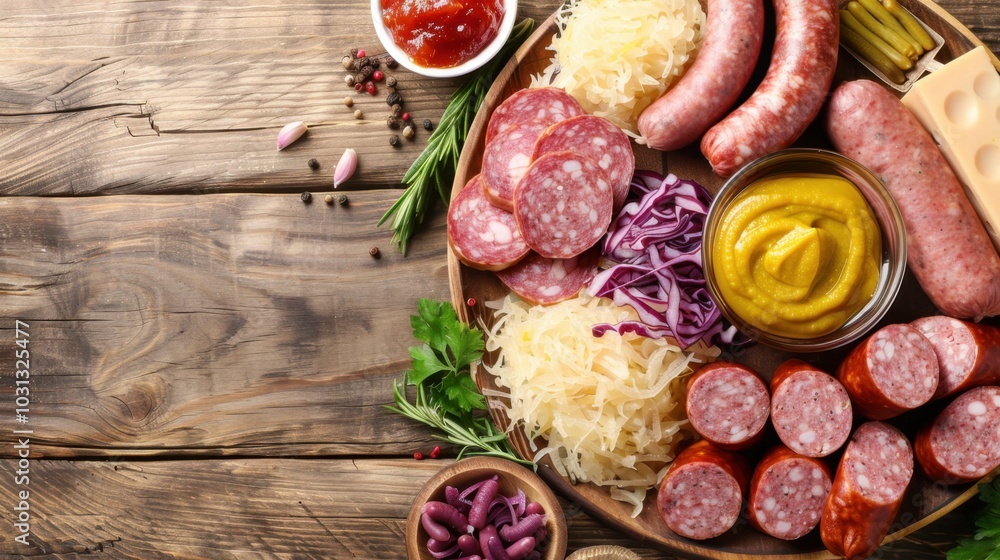 Assortment of Meats and Condiments on Wooden Platter Assortment of Meats and Condiments on Wooden Platter