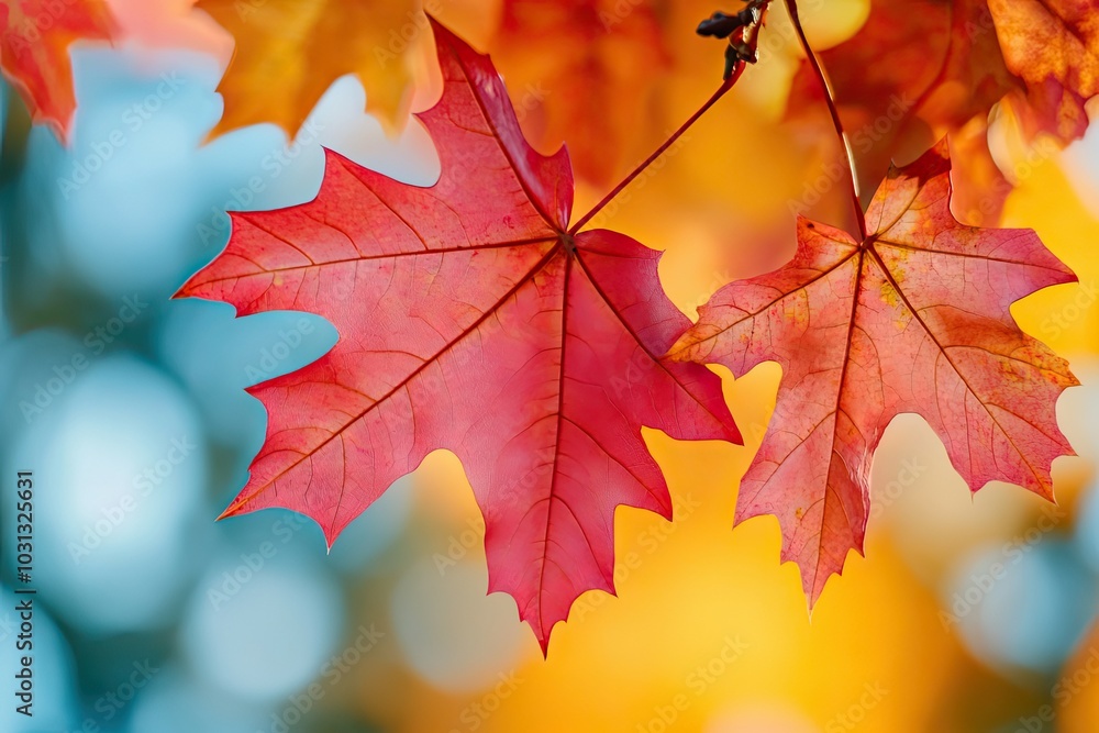 Two Vibrant Red Maple Leaves Against a Blurred Yellow and Blue Background Two Vibrant Red Maple Leaves Against a Blurred Yellow and Blue Background