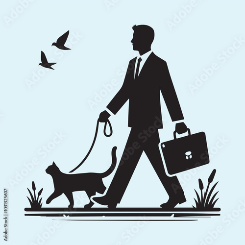 Man walking with cat vector silhouette vector black and white