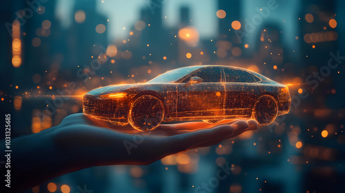 A glowing digital car held ...