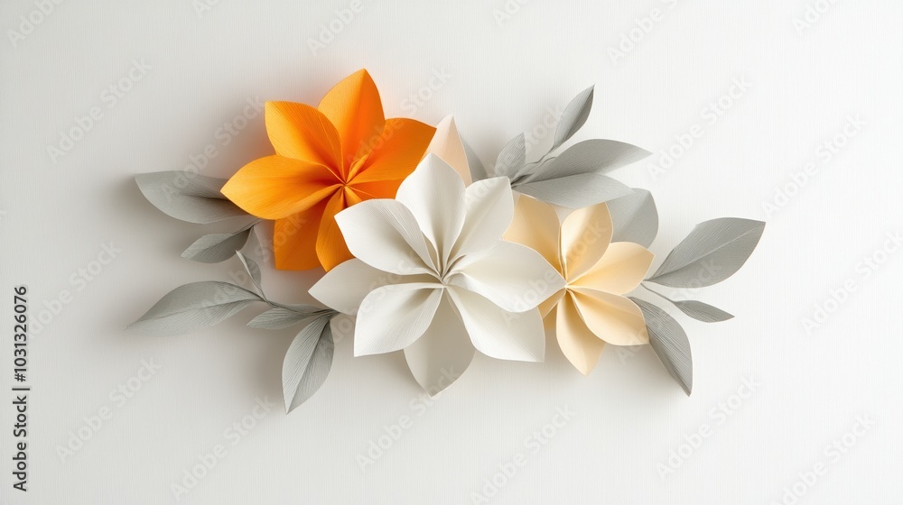 Fototapeta premium Beautiful paper flowers in white, orange, and grey on a white background.