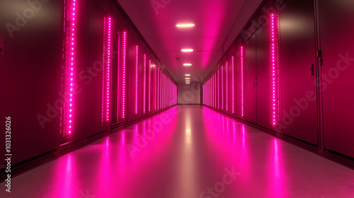 A corridor illuminated with pink lights, suggesting a tech environment.