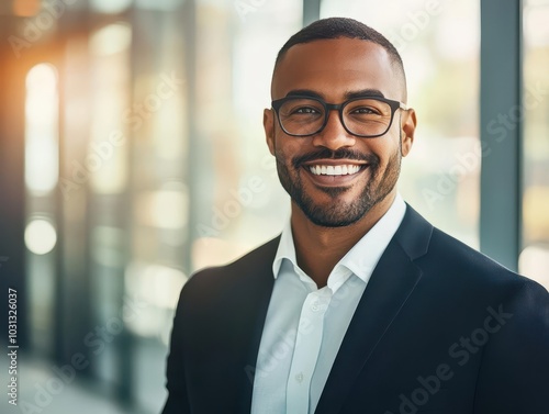 vertical portrait of a confident mid-adult businessman smiling at the camera, showcasing professionalism in a bright, well-lit environment, exuding leadership qualities