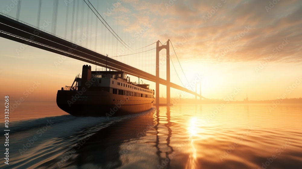 Fototapeta premium Boat sailing under a bridge at sunset, reflections on water, vibrant sky colors.