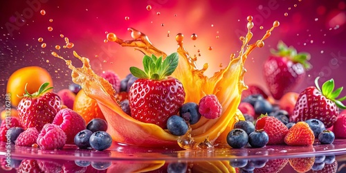 A symphony of vibrant colors, a burst of juicy freshness, and a symphony of sweet flavors create a tantalizing visual feast as a splash of liquid envelopes a cluster of berries and fruits.