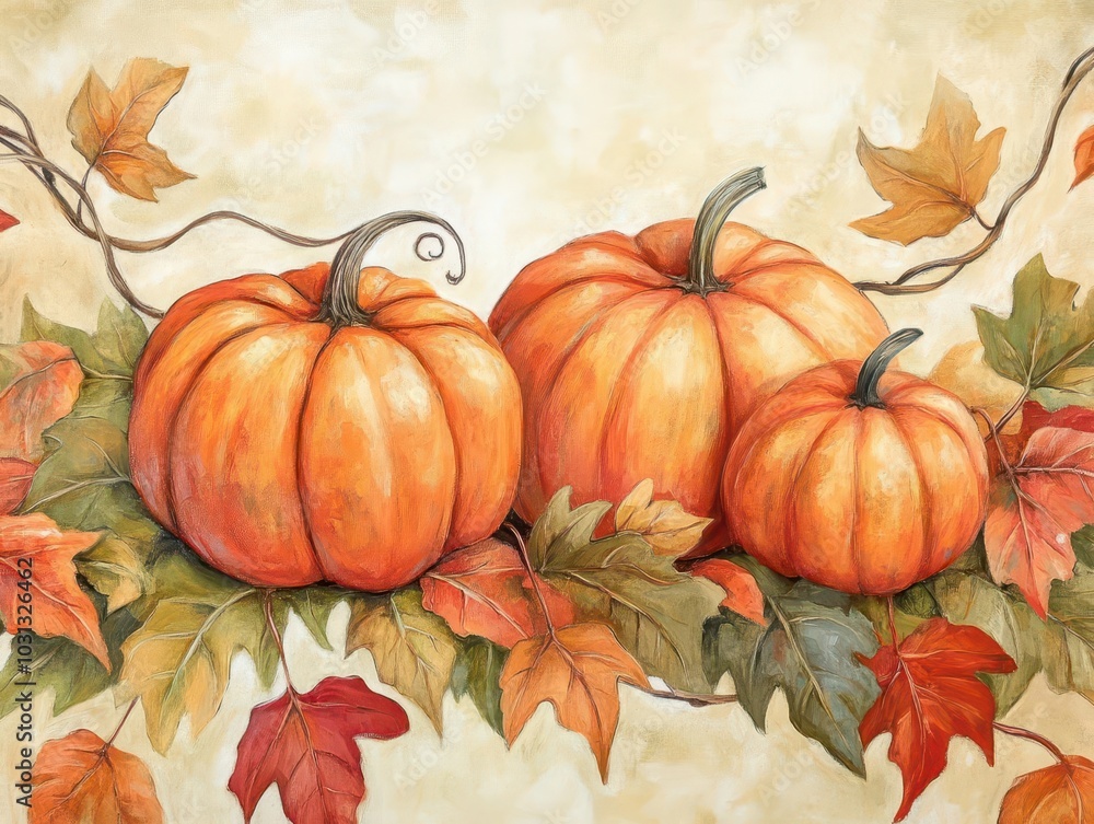 vibrant autumn scene featuring plump orange pumpkins nestled among colorful leaves against a soft beige background, representing the season's bounty vibrant autumn scene featuring plump orange pumpkins nestled among colorful leaves against a soft beige background, representing the season's bounty