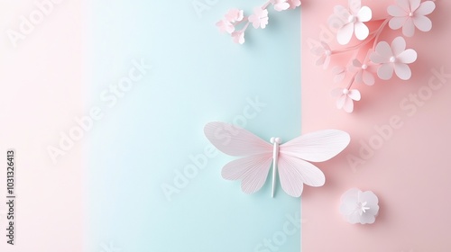 Butterfly and flowers on a pastel background, perfect for spring themes.