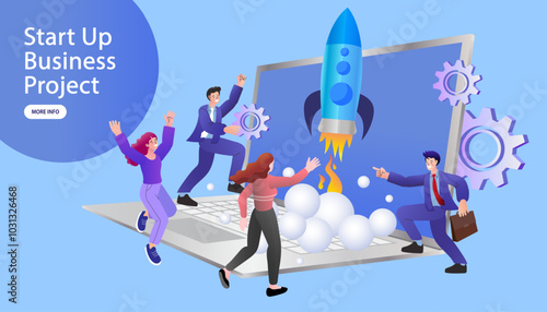 Rocket launch from laptop screen. Rocket taking off. Business Start up, Launching new product. Successful start-up launch new business project. Teamwork entrepreneurship. people launching rocket.