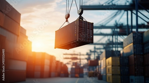 Cargo container being lifted at a shipping yard during sunset. photo