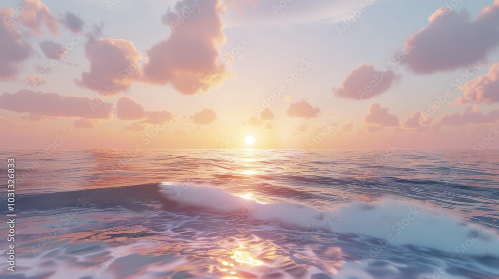Sunrise over a calm ocean with gentle waves lapping along the shore at dawn Sunrise over a calm ocean with gentle waves lapping along the shore at dawn