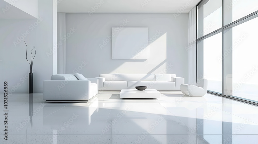 A white living room with a white couch, a white coffee table, and a white chair. The room is very clean and bright, with a large window letting in natural light A white living room with a white couch, a white coffee table, and a white chair. The room is very clean and bright, with a large window letting in natural light
